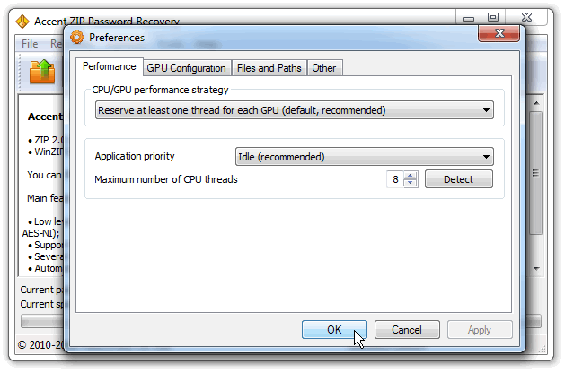 Click to see Accent ZIP Password Recovery. Program settings